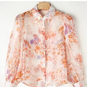 White Floral Collared Balloon Sleeve Top